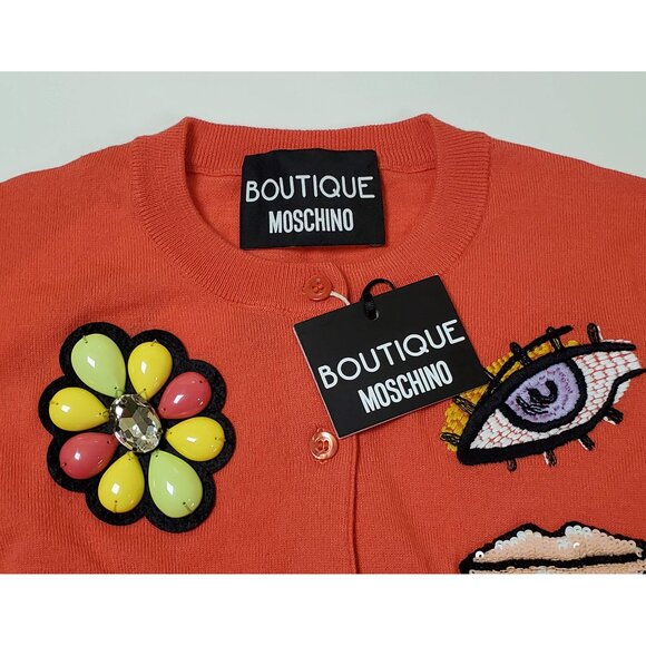 BOUTIQUE MOSCHINO SWEATER SEQUIN CRYSTAL PATCHES PINK WOOL CARDIGAN sz 40 6 - Picture 4 of 6